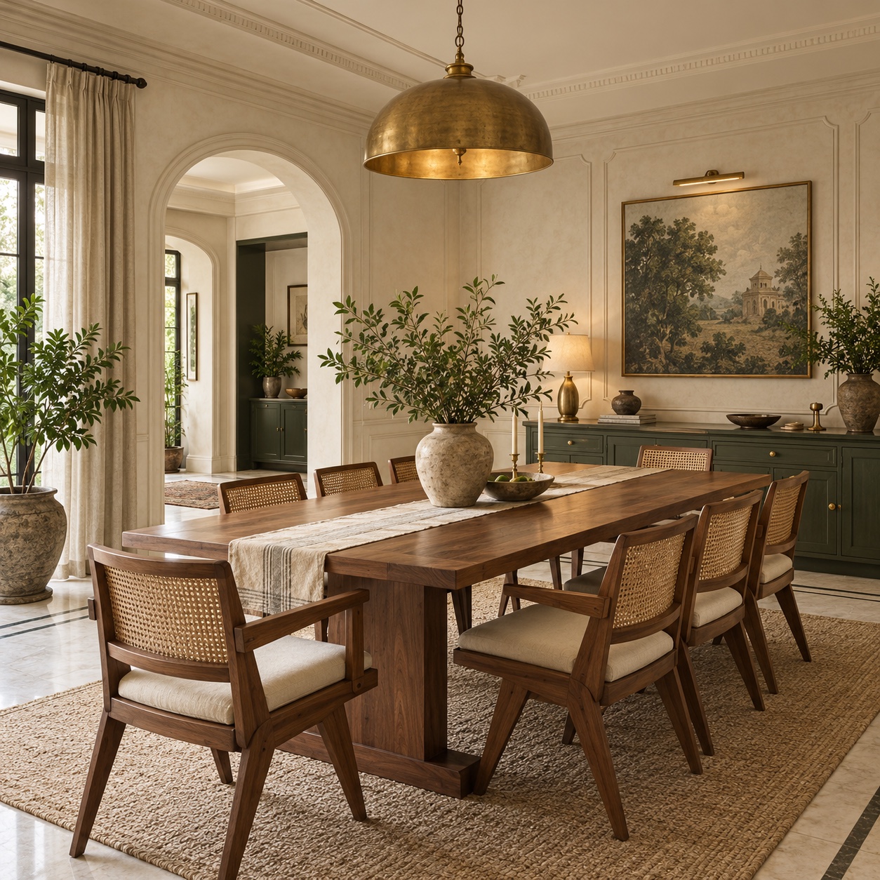 Illustrative dining room using walnut, warm plaster and tactile finishes