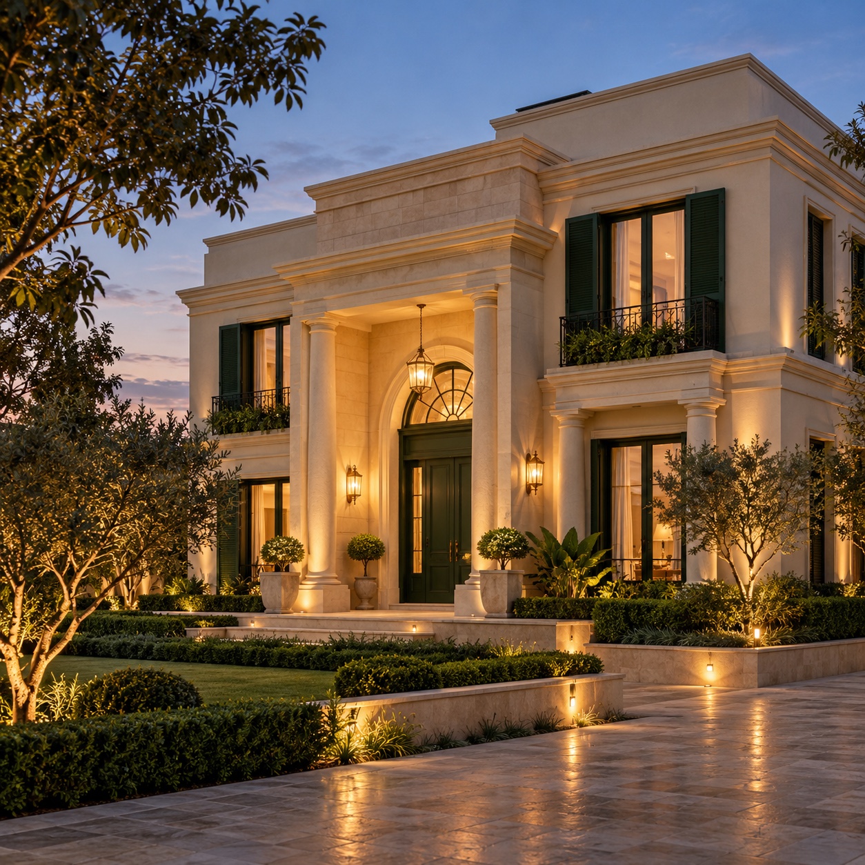 Illustrative home exterior with warm stone and balanced architectural lines