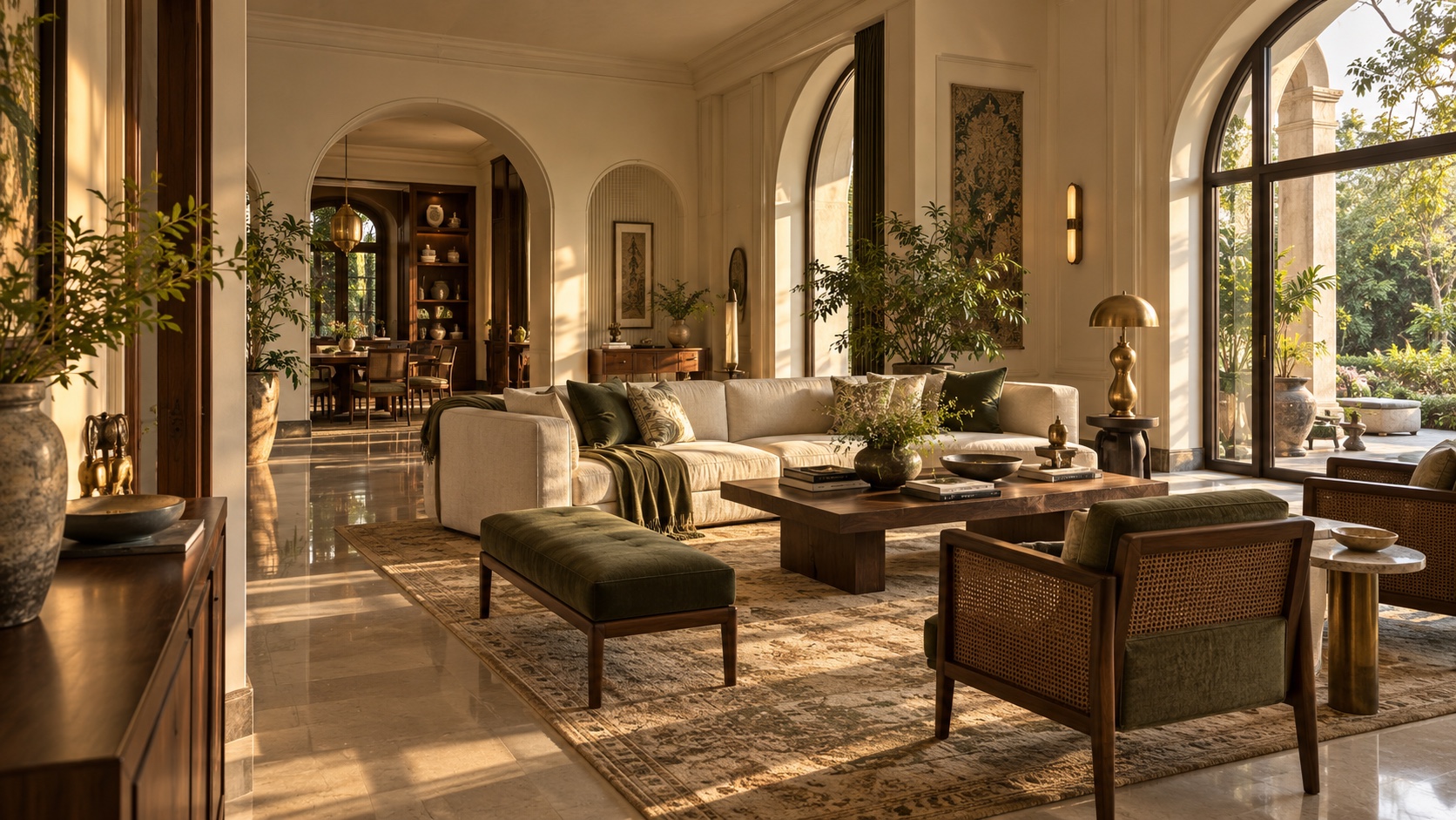 Illustrative living room with warm daylight, natural textures and forest-green accents